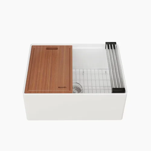 Vista 10 de Ruvati 23 x 18 pulgadas Fregadero de Cocina de Arcilla Refractaria, Modelo Farmhouse con Delantal Delantero, de Una Cubeta - Blanco - RVL2468WH