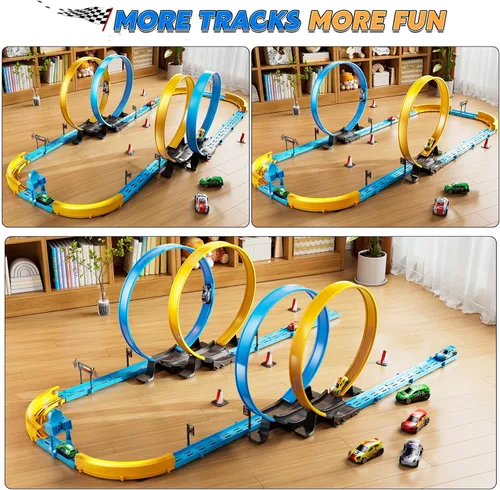 Vista 4 de Conjunto de Pista de Carreras de Coches LILYBUDS para Niños, Niños de 3-5 4-7 años, Pistas de Carreras con 4 Zonas de Choque y Coches de Ranura