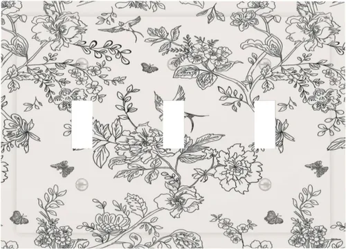 Vista 23 de Cubierta de tomacorriente eléctrico dúplex individual estilo campestre con diseño floral de flores y pájaros en blanco y negro, placa de pared de 1