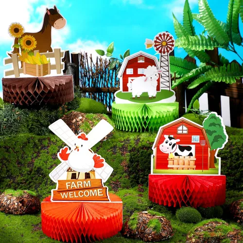 Vista 4 de Threan - Centro de mesa de 6 piezas de decoración de fiesta de cumpleaños de animales de granja