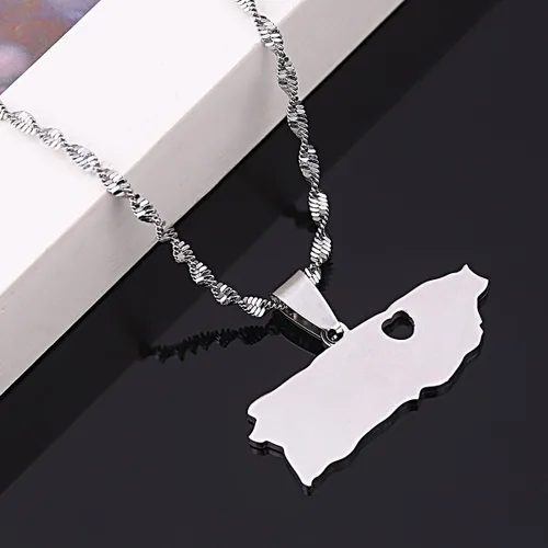 Vista 2 de Collar con colgante de mapa de Puerto Rico de acero inoxidable de plata y joyería de mapa de puertorriqueños, Acero inoxidable