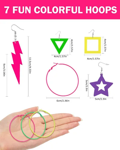 Vista 2 de 7pcs 80s Earrings for Women, Retro Colorful Neon Acrylic Earrings & Big Hoop Earrings, Playful Geometric Design, Perfect For 80s 90s Outfit Glow