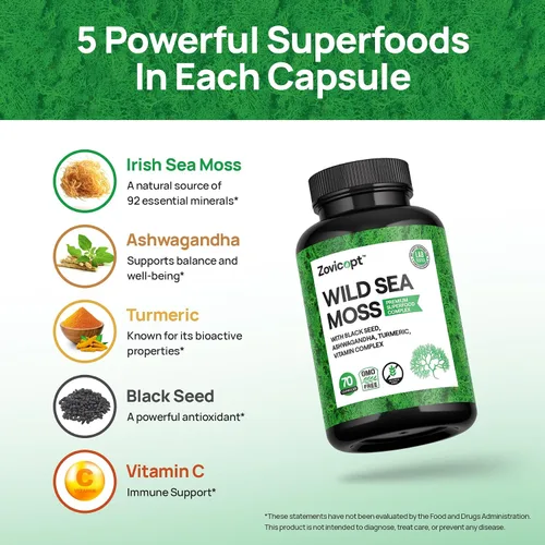 Vista 3 de Ultimate Immune Support Complex Cápsulas orgánicas de cúrcuma, musgo marino y ashwagandha de 1000 mg con vitamina C, 70 píldoras veganas