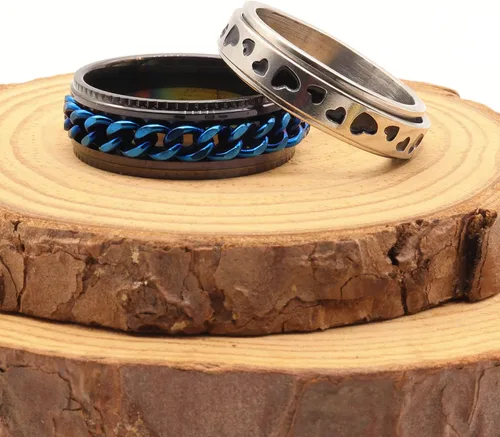 Vista 7 de Juego de anillos de acero inoxidable para mujeres y hombres, anillos de ansiedad, luna y estrella, anillo para aliviar la ansiedad y el estrés