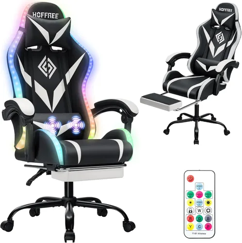 Vista 14 de HOFFREE - Silla para juegos con luces LED RGB estilo carreras, color azul azul+negro