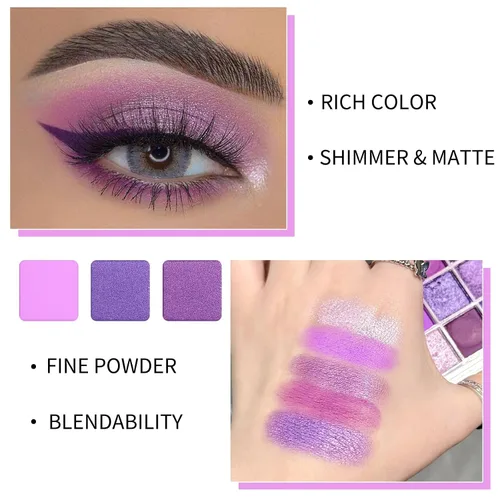 Vista 5 de Erinde Paleta de maquillaje de sombra de ojos de 9 colores con purpurina y lavanda brillante y mate, violeta, malva, púrpura oscura, plateado