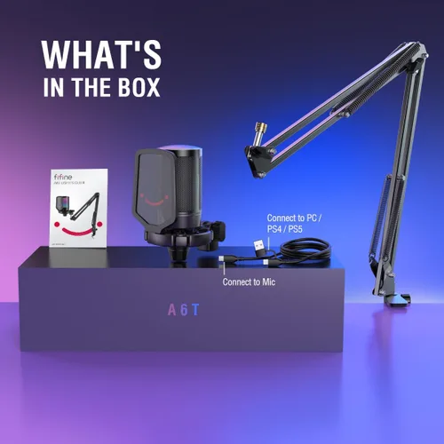 Vista 9 de FIFINE Gaming PC USB Microphone, Podcast Condenser Mic with Boom Arm, Pop Filter, Mute Button for Streaming, Twitch, Online Chat, RGB Computer Mic