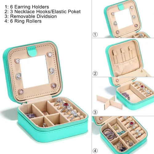 Vista 4 de Parima Joyero de viaje, joyero portátil pequeño, organizador de joyas, soporte para joyas, collar, anillo y aretes, caja para mujeres, regalos