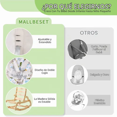 Vista 6 de MallBest Silla mecedora 3 en 1 para bebé con cojines dobles, para 0-12 meses, balancín de madera ajustable para bebés con cojín extraíble y arnés