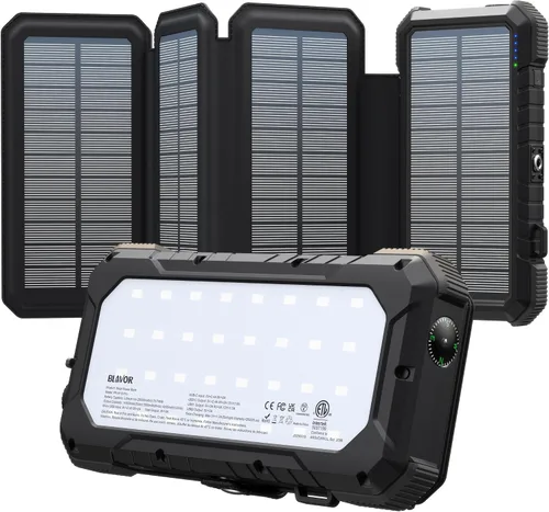 Vista 10 de BLAVOR Cargador solar, PD 18 W, carga rápida, 20000 mAh, con 4 paneles plegables, cargador USB C portátil con linterna de campamento, mosquetón
