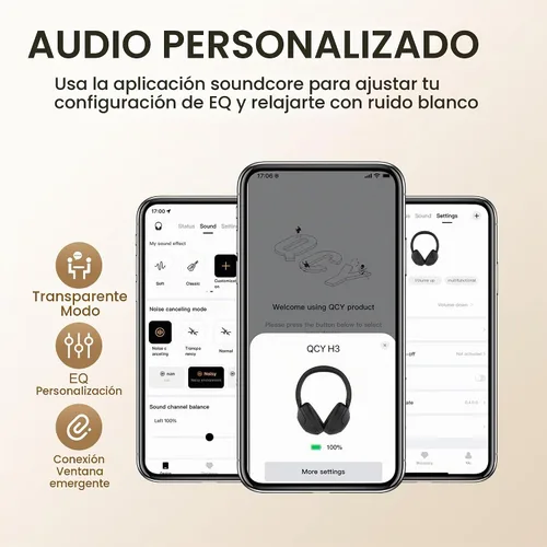 Vista 9 de QCY H3 ANC Auriculares Bluetooth sobre la oreja Cancelación activa de ruido, sonido de audio de alta resolución, conexión multipunto, reproducción