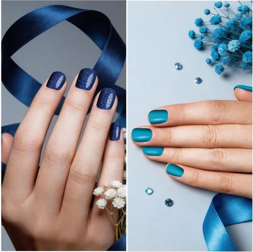 Vista 5 de 8 hojas de esmalte de uñas azules para mujer, calcomanías de esmalte de uñas de color sólido con purpurina para pegar en tiras de esmalte de uñas