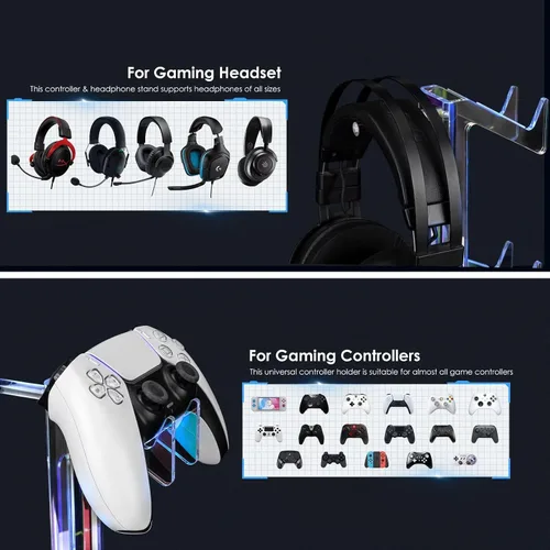 Vista 64 de OAPRIRE Headset and Controller Stand with Lights, 2 Tier Acrylic Game Controller Holder, Controller and Headset Stand for Desktop,Universal Design