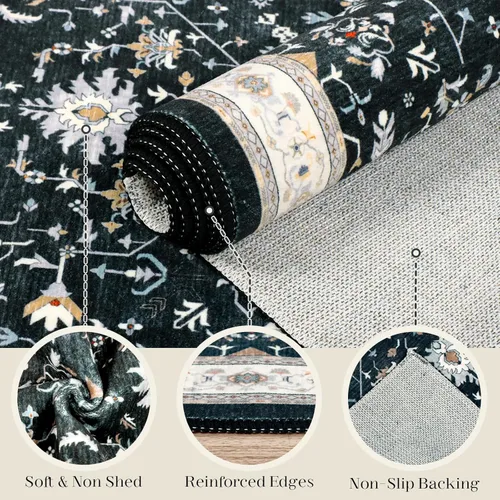 Vista 6 de nesrt Alfombra bohemia lavable de 2 x 10 pies, suave, antideslizante, extra larga, alfombra de cocina, color negro, vintage, geométrico, camino