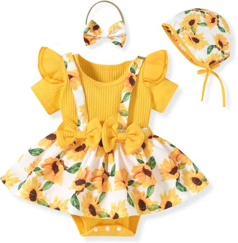 Vista 11 de Unutiylo Conjunto de ropa para bebé recién nacida prematuro con tirantes y mangas cortas con volantes Albaricoque