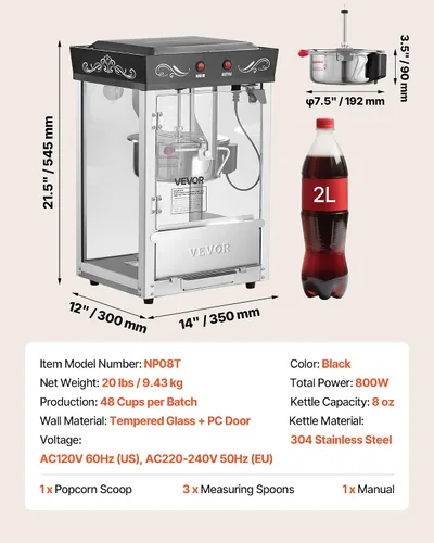 Vista 7 de VEVOR Máquina de palomitas de maíz, hervidor de acero inoxidable de 8 onzas, fabricadora comercial de palomitas de maíz de mostrador de 800W