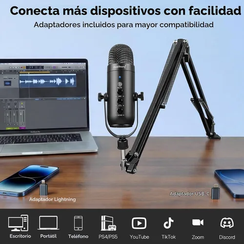 Vista 5 de ZealSound - Micrófono para podcast con brazo de brazo, micrófono USB con reducción de ruido, silencio, eco y control de volumen, monitoreo