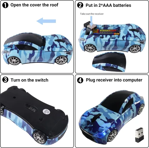 Vista 5 de elec Space Ratón inalámbrico, mouse inalámbrico en forma de automóvil con faros LED, mouse de automóvil único de 2.4 G para niños con receptor USB