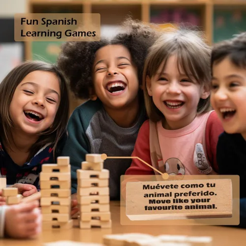 Vista 2 de 1step2dream Juego de torre de apilamiento español Juego de bloques bilingües para niños y adultos Perfecto para la familia, aula 54 comandos