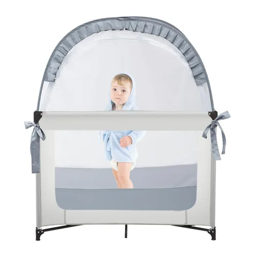 Vista 8 de L RUNNZER Tienda de campaña desplegable Pack N Play, red de bebé para mantener a los niños pequeños, mini toldo para cuna para empacar y jugar Beige