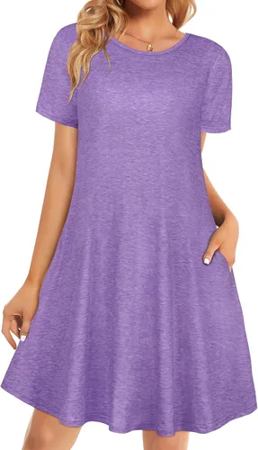 Vista 39 de Vestidos de verano para mujer, informales, holgados, estilo camiseta, florales, de manga corta, con vuelo y bolsillos, para la playa