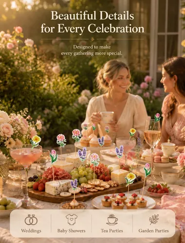 Vista 6 de 100 púas de cóctel florales, brochetas para aperitivos y bebidas