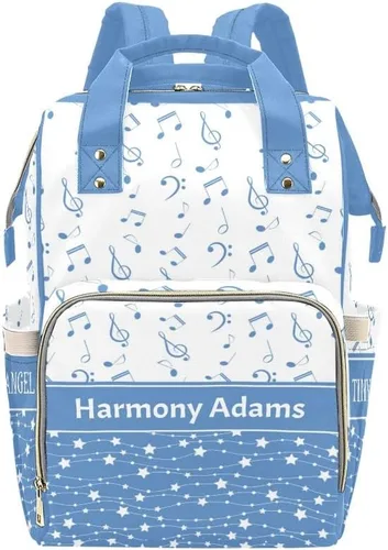 Vista 15 de Mochila para pañales personalizada, regalo con nombre, notas musicales, estrellas, azul oscuro, bolsa de viaje versátil: gran capacidad y múltiples