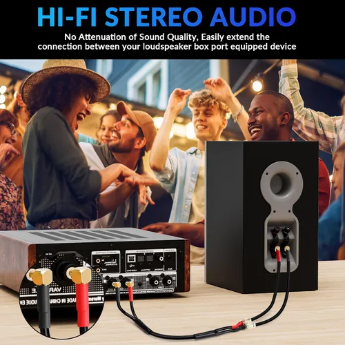 Vista 4 de Cable de altavoz con clavijas de punta banana chapada en oro, adaptador de cable de audio de extensión (3 pies), macho a hembra de 90 grados tipo Y