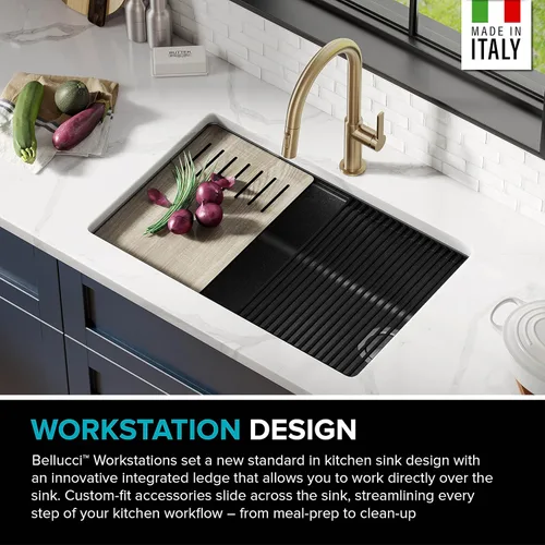 Vista 6 de KRAUS Bellucci Fregadero de cocina de granito con estación de trabajo empotrado de 30 pulgadas en negro metálico con accesorios, KGUW2-30MBL