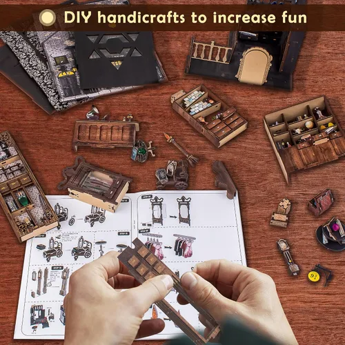 Vista 5 de Wimlade - Kit de manualidades para rincón de libros, kit de rincón de libros en miniatura, estante de libros con sujetalibros de rompecabezas 3D