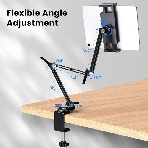 Vista 2 de CreaDream Soporte de aluminio para tableta de tres brazos para escritorio Adjustable Tablet Arm Holder with 360°Rotating Base, Compatible with