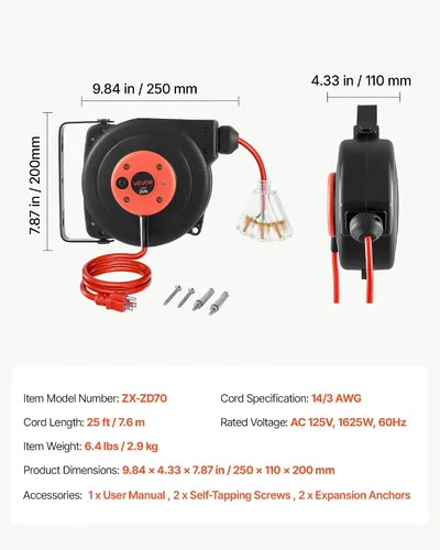 Vista 7 de VEVOR Carrete de cable de extensión retráctil de 25 pies resistente 14AWG