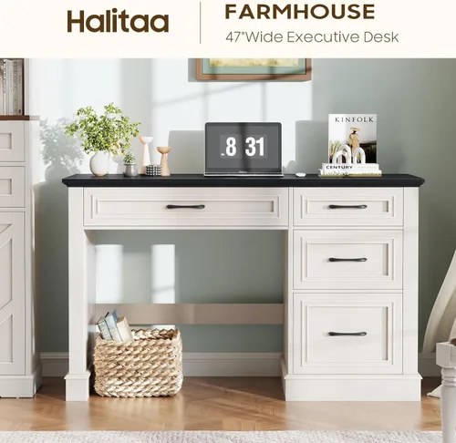 Vista 5 de Halitaa Farmhouse - Escritorio ejecutivo de 47 pulgadas con cajón de archivos, color negro