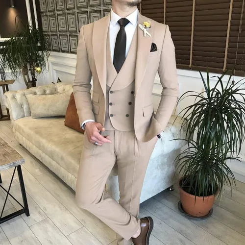 Vista 3 de Wangyue Trajes de 3 piezas para hombre, traje ajustado de doble botonadura, traje de baile de graduación, boda, fiesta, esmoquin, chaqueta, chaleco
