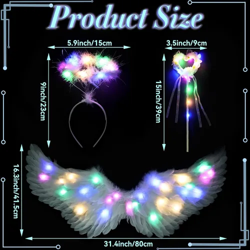Vista 2 de Goenb Alas de ángel iluminadas, disfraz de ángel para mujeres, adultos, niñas, niños, alas de ángel y accesorios de halo para fiesta de Halloween