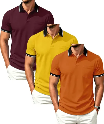 Vista 9 de GEEK LIGHTING Paquete de 3 camisas polo de manga corta con bolsillo para Negro Gris Armygreen
