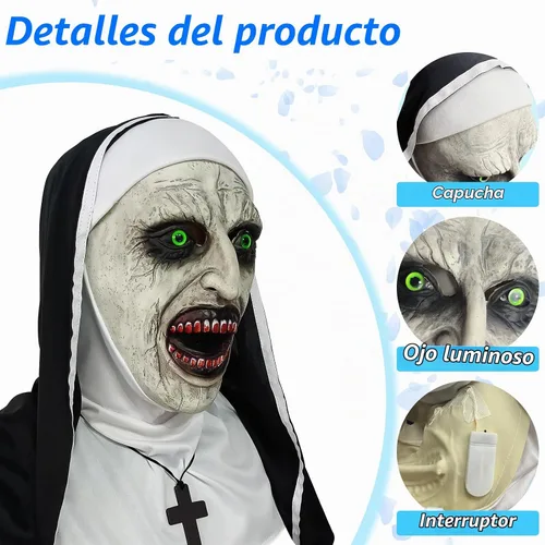 Vista 5 de Máscara de terror de monja 2024, máscara de disfraz de cabeza completa con collar de cruz para fiesta de Halloween