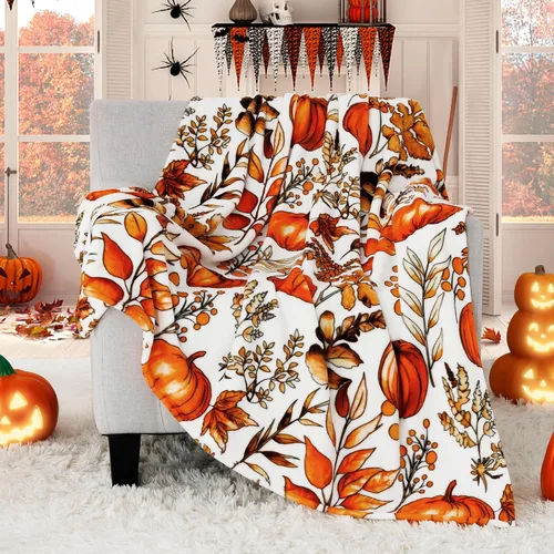 Vista 8 de ROMROL Manta de Halloween, manta de otoño, mullida, acogedora, suave, hojas de calabaza, manta de franela de felpa de forro polar, decoración