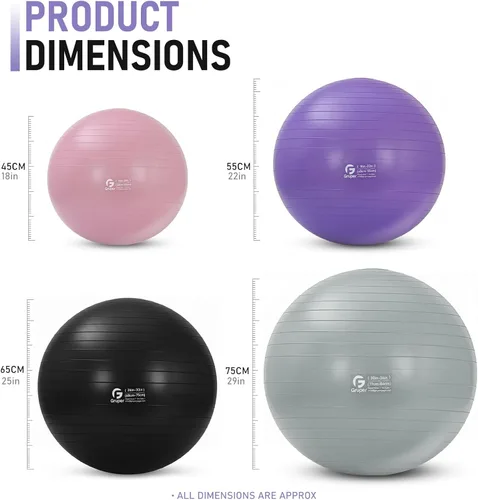Vista 2 de Gruper Pelota de yoga y pilates, pelota de gimnasio de 4 tamaños para fitness, yoga, entrenamiento, embarazo y terapia física, bomba rápida