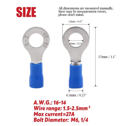 Vista 2 de Hilitchi 100 conectores de crimpado de cables eléctricos de anillo aislado 16-14AWG (azul, M6)