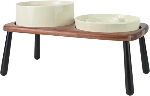 Vista 21 de SPUNKYJUNKY Cuencos elevados de cerámica para perros con soporte de bambú de acacia, juego de cuencos de agua y comida para perros y gatos de 6.1
