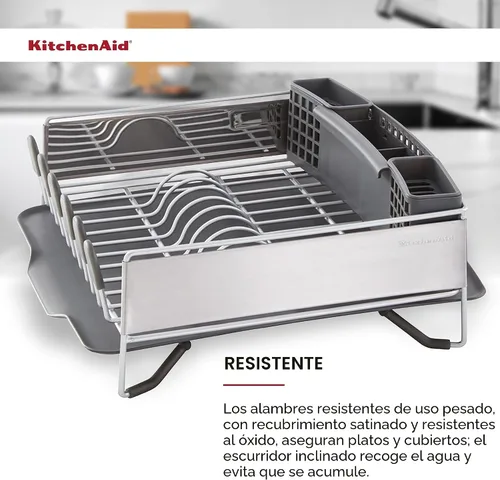 Vista 9 de KitchenAid Escurridor de platos compacto, que ahorra espacio, resistente al óxido con organizador de cubiertos extraíble y bandeja de escurrido Negro