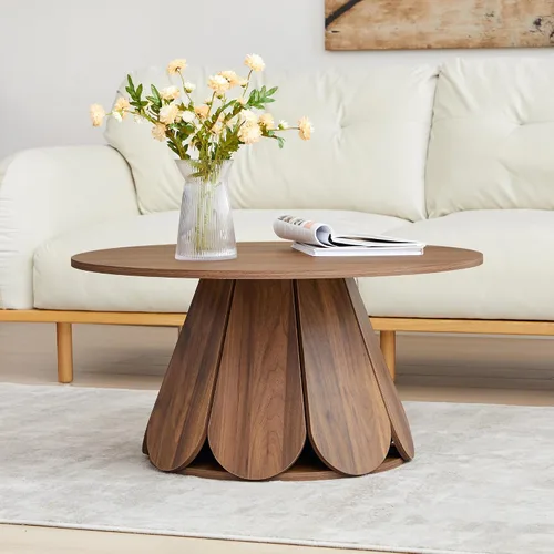 Vista 4 de Mesa de centro redonda, moderna mesa central circular de madera con base de pedestal para espacios pequeños, sala de estar, apartamento, nogal