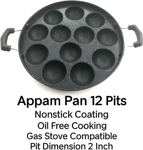 Vista 3 de Sartén antiadherente Appam – 12 hoyos con tapa de acero inoxidable para Appam, Paniyaram, Aebleskiver y Paddu Mango resistente al calor Appe Maker