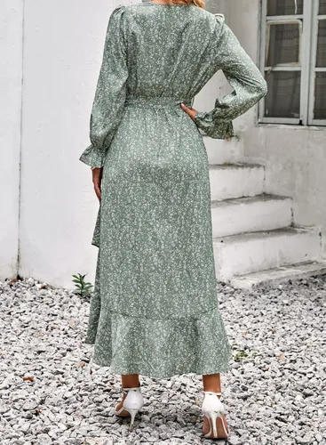 Vista 4 de BTFBM Vestido cruzado de manga larga para mujer cuello en V bohemio floral cintura alta con volantes 2023 primavera y verano maxi vestidos