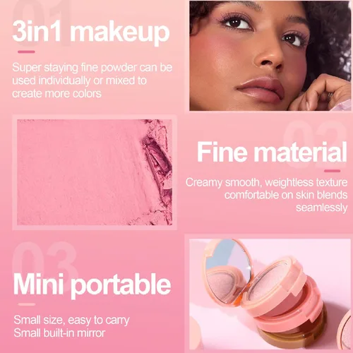 Vista 3 de Trío mezclable 3 en 1, paleta de maquillaje de contorno y rubor, bronceador crema, rubor en polvo suave y sedoso, polvo de maquillaje iluminador 01