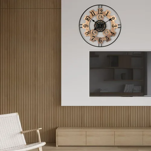 Vista 6 de Reloj de pared grande para sala de estar, número arábigo Gold Gear Negro dorado