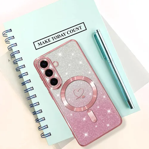 Vista 409 de Bonoma - Funda compatible con Samsung Galaxy S21 Plus, diseño de corazón con purpurina, color rosa Support for MagSafe, Plating Magnetic Case TPU