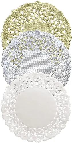 Vista 2 de Hygloss Products, Inc DOILIES surtido, 4 pulgadas, blanco/oro y plata