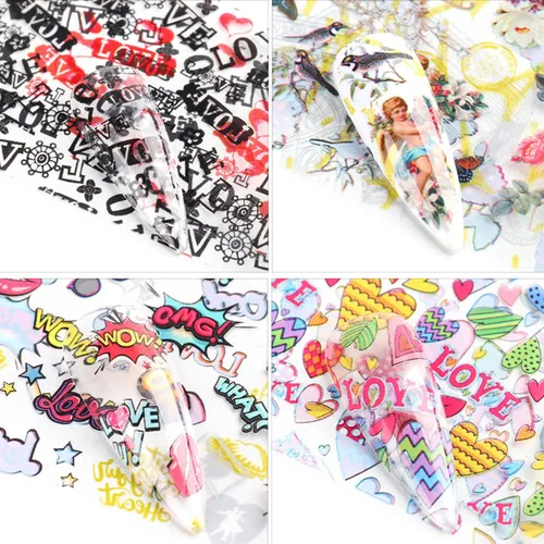 Vista 5 de Calcomanías holográficas de transferencia de uñas, hojas de esmalte de uñas de corazón de amor, láminas de transferencia de papel estrellado
